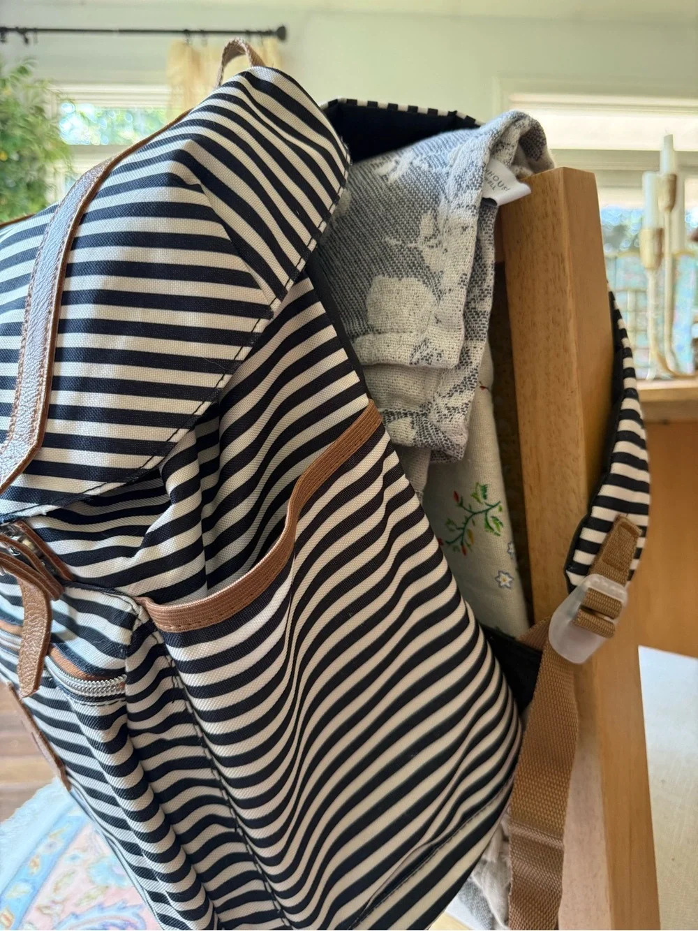 Black & White Striped Canvas Drawstring Flap Backpack Faux Leather Trim